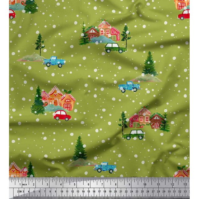Soimoi Rayon Fabric House,Tree & Car Transport Fabric Prints By Yard 42 Inch Wide