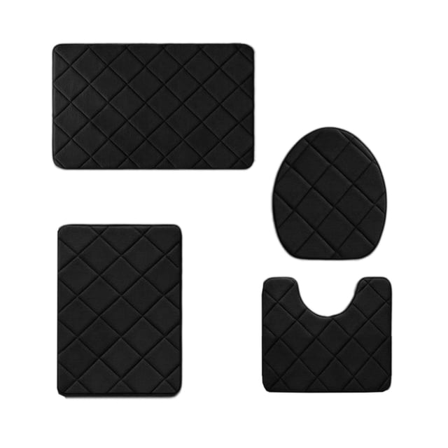 Kitchen Runner Rug Memory Foam Bath Mat 4 Set Bathroom Rugs for 4 Pcs Toilet Mats in a modern black checkered design. The set includes four pieces: a 24x16 inch bath mat, a 20x16 inch toilet mat, a 15x17 inch square mat, and a U-shaped mat. Made of velvet fleece with memory foam and a non-slip rubber backing, these mats are water-absorbent, machine washable, and quick-drying. Suitable for bathrooms, kitchens, and other high-traffic areas.