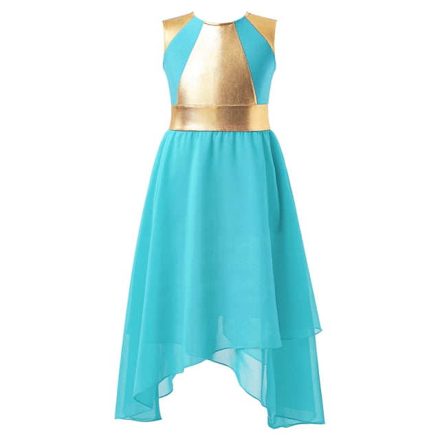 Ocealan Robe de Danse pour Filles Enfants Métallique Sans Manches Longue Robe Ourlet Irrégulier Danse Bleu Vert 6