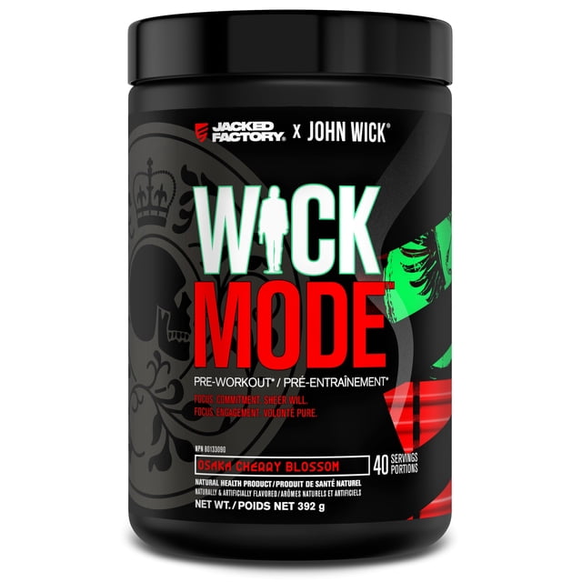 Jacked Factory X John Wick - Wick Mode Pre Workout Powder in Osaka Cherry Blossom flavor, offering 40 servings. The black container features bold red and green accents with the Wick Mode logo and a silhouette of John Wick. Designed for intense energy, focus, and commitment, this pre-workout powder is inspired by the legendary assassin's sheer will and determination.