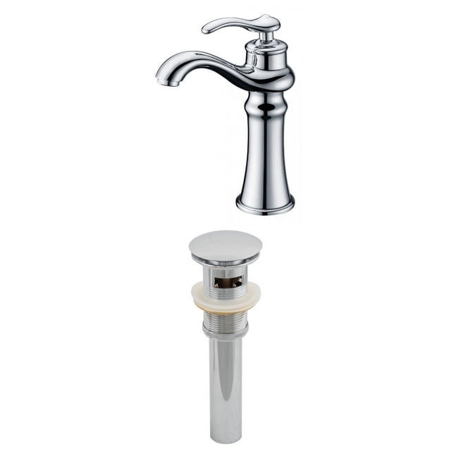 American Imaginations 2.5-in. W Bathroom Faucet Set Chrome AI-2001 with a chrome deck mount faucet featuring a traditional curved spout and single lever handle, paired with a matching chrome bathroom sink drain with overflow, designed for above counter installation in bathroom renovations.