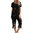 thumbnail image 1 of Mikilon Pyjama Décontracté pour Femmes, Ensemble de Sommeil, Imprimé Vintage, Manches Courtes, Pantalon Capri, 2 Pcs, Col Rond, Tenue de Détente Décontractée avec Poches, Ensemble 2 Pcs, Multicolore, TG, 1 of 8