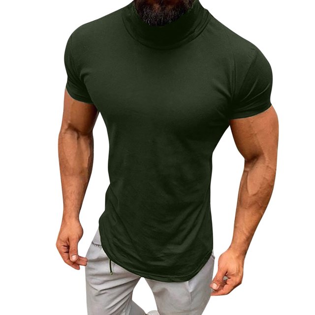 Birdeem Hommes Décontracté Printemps Été Uni Col Montant pour Amincissant Manches Courtes Col Roulé Hauts Blouse Chemises