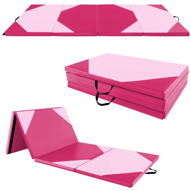 Gymax 10' x 4' x 2'' 4-panel folding gymnastics exercise mat in rose red and pink. Made with high-density EPE foam for cushioning and a skin-friendly, waterproof PU surface for durability and easy cleaning. Features 4-sided hook and loop fasteners for connecting multiple mats and a foldable design with handles for portability. Suitable for gymnastics, yoga, stretching, martial arts, and physiotherapy.