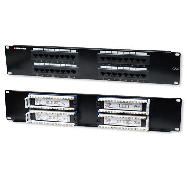 Panneau de Brassage Cat5e à 32 ports - 2u, Noir, Vue avant Affichant 32 ports RJ-45 Numérotés et Vue Arrière avec Blocs de Décompression Compatibles avec 110 et Krone tools, Prend en Charge des Câbles Cat5e AWG UTP de 22-26 pour Ethernet et Gigabit Ethernet dans une Conception de Montage en Rack de 19 Pouces.