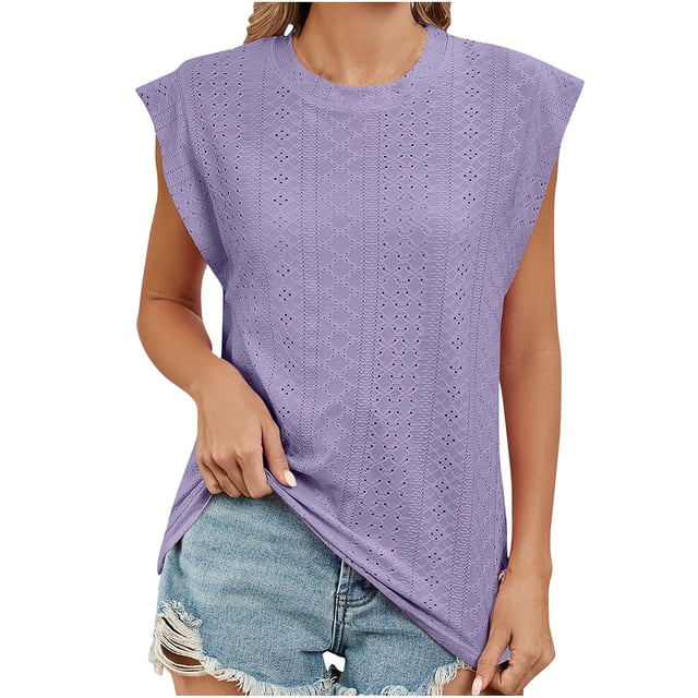 Besolor Débardeurs d'Été pour Femmes Col Rond Sans Manches Chemises à Illets Décontractées Blouse Tendance Couleur Unie