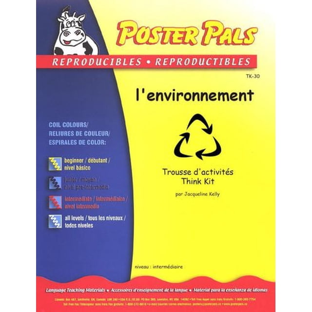 The Fsl Classroom L’Environnement French Reproducible Teaching Activities cover by Poster Pals with a yellow and blue background, recycling symbol, and color-coded coil levels for beginner, intermediate, and all levels, designed for language teaching in classrooms.
