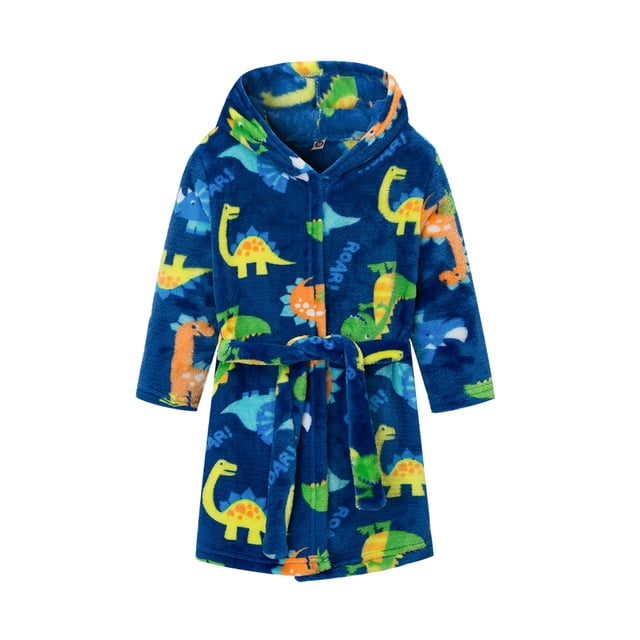 Gupgi Little Boy Hooded Sleeping Gown Dinosaur Print Solid Color Bath Robe for Children. A front-facing view of a thick flannel children's winter robe in blue with vibrant dinosaur prints. Features a hood, long sleeves, and a waist tie for secure closure. Ideal for boys aged 3 to 7 years, perfect for winter wear, bedtime, or daily use.