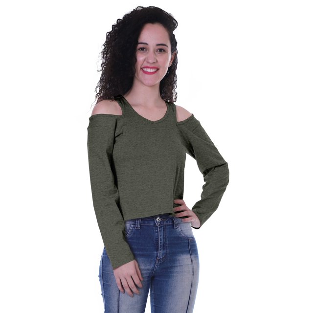 Moomaya Womens Cold Shoulder Short Top Solid Full Sleeves Summer Tee Tops