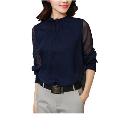 LLYwey Hauts à Manches Longues pour Femmes Mode Décontractée Manches Longues Unies Patchwork Amples Col Rond Blouses Chemises Bleu Foncé m