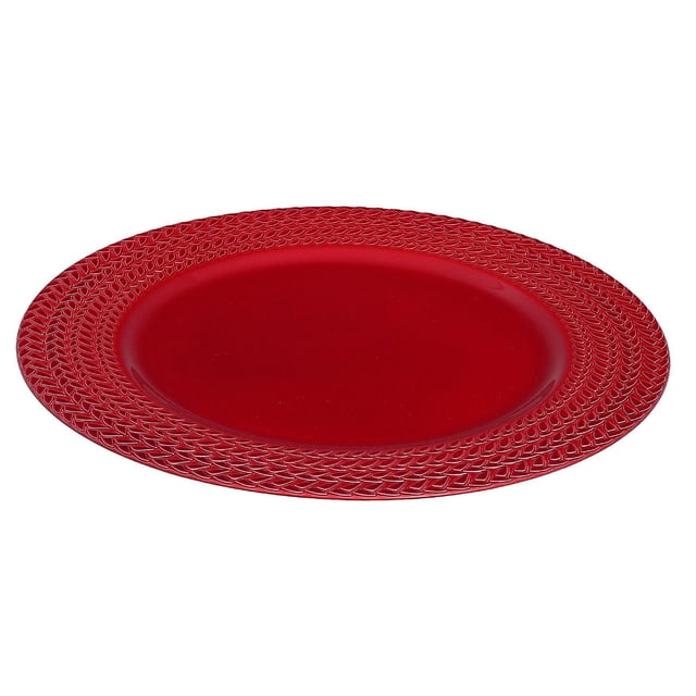Assiette de Présentation (Tresses) (Rouge) (13 Pouces) - Ensemble de 6 Présentant une Assiette en Mélamine Rouge de 13 Pouces avec un Rebord Tressé Texturé, Conçue pour Garder les Aliments au Chaud et pour Compléter la Décoration de table à Manger, Souvent Utilisée comme Assiette de base Décorative.