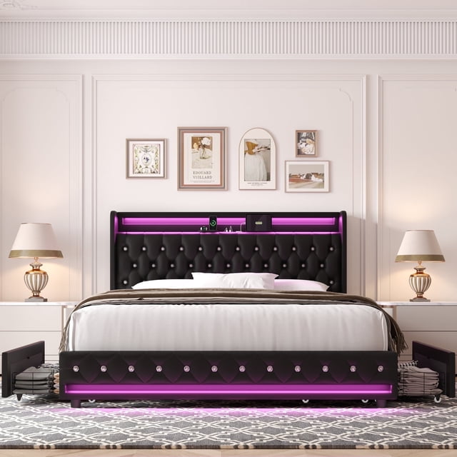 Homfa King Size LED Bed Frame with Outlets and USB Ports & Display Platform, 4 Storage Drawers Modern Wingback PU Leather Crystal Button Upholstered Platform Bed Frame, Black