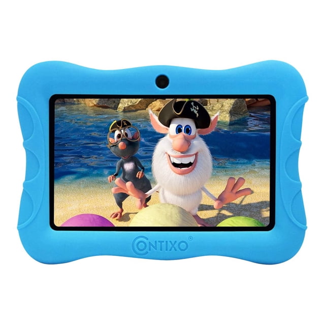 Contixo Kids Tablet V9, 7-inch HD, designed for ages 3-7, shown in blue with a durable child-friendly case. The screen displays animated characters on a beach scene. This learning tablet features Android 10, 32GB storage, WiFi, camera, and parental controls.