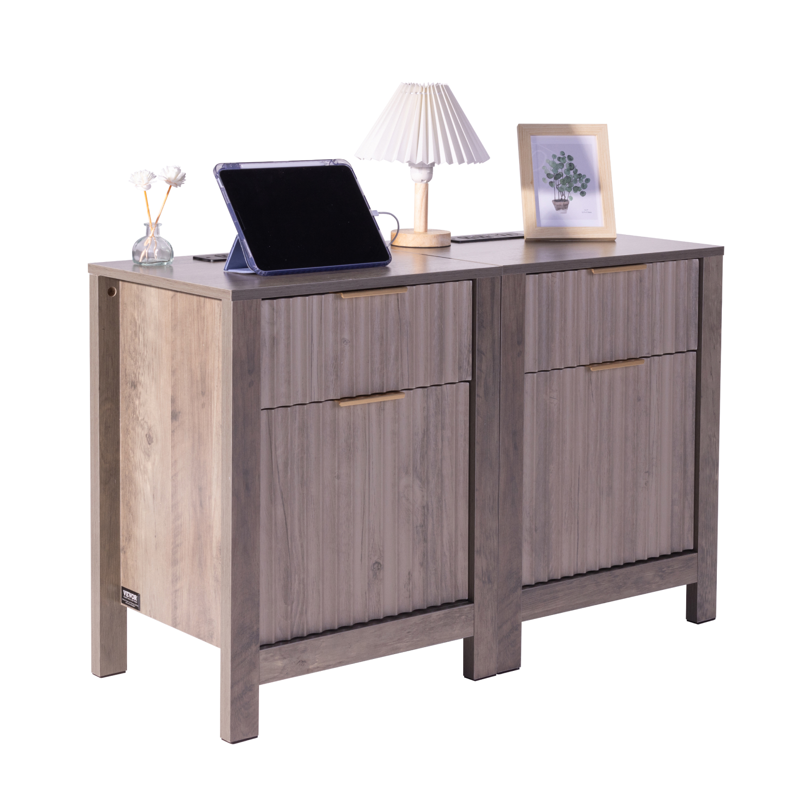 VEVOR Farmhouse End Table Square Night Stand with USB & Outlets Set of 2 Gray