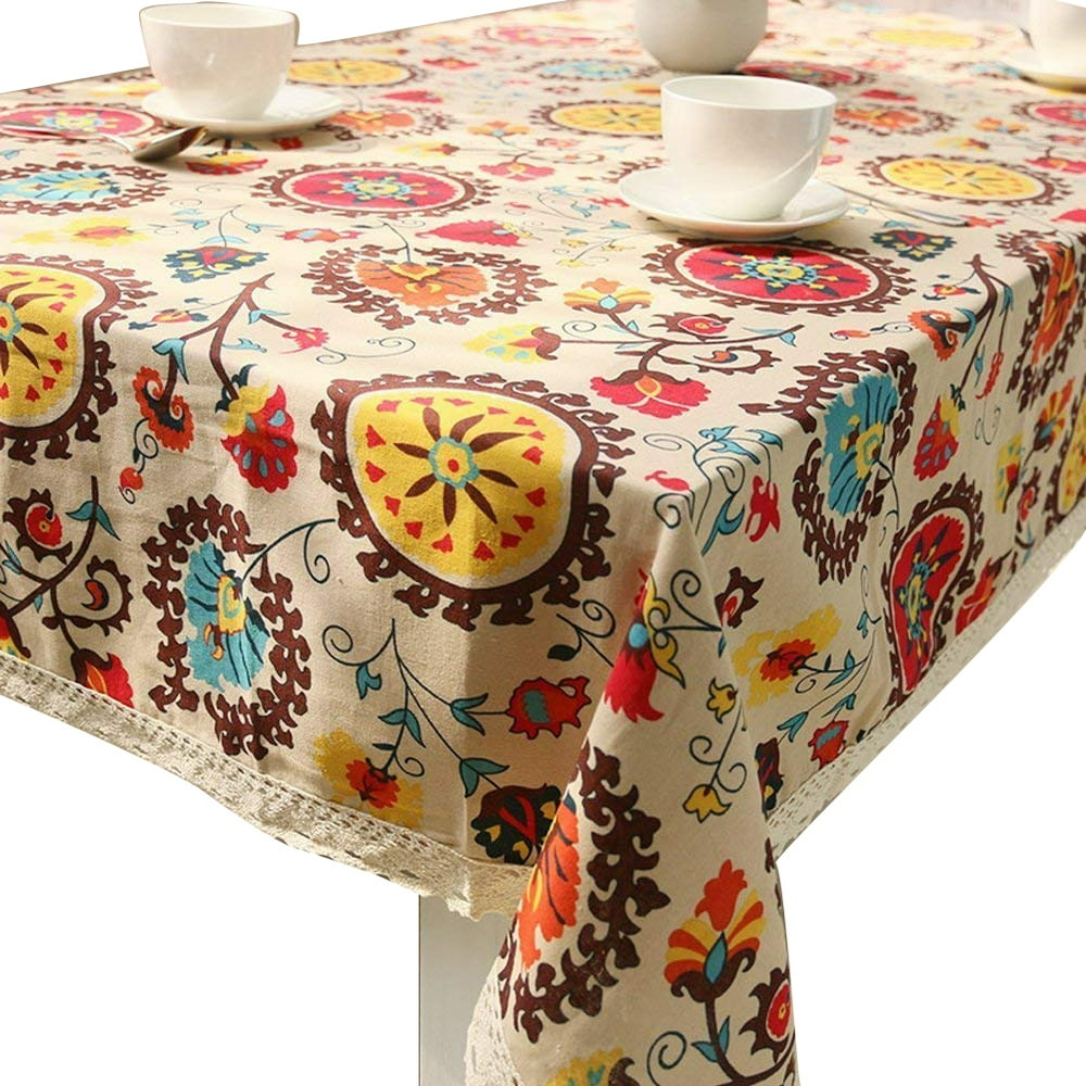 AMERTEER Nappe Motif Tournesol Rétro Dentelle Coton Lin Tissu Nappe Couverture de Table Décoration