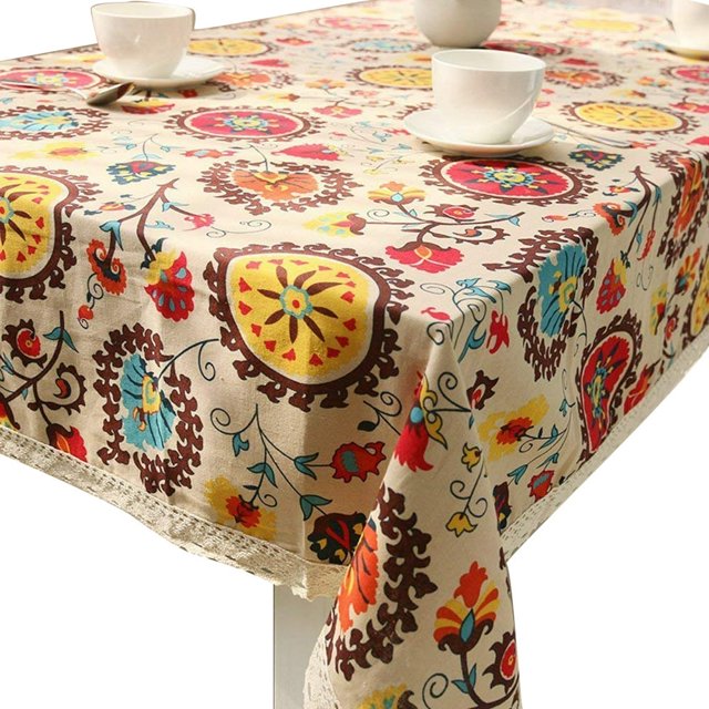 AMERTEER Nappe Motif Tournesol Rétro Dentelle Coton Lin Tissu Nappe Couverture de Table Décoration