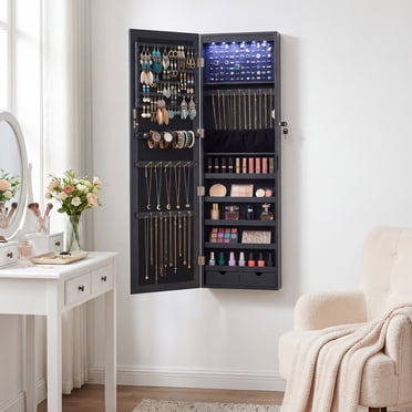SONGMICS Armoire à Bijoux Miroir à 6 DEL, Armoire à Bijoux Verrouillable de 47,2 Po de Hauteur, Murale Ou de Porte, Organisateur, Noir