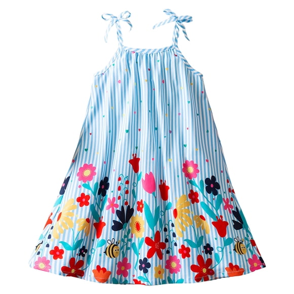 vigerkar Baby-Girls Summer Mini Dress Princess Cute Clothes Beach Floral Striped Bow Sundress Birthday Gift (Blue, 2-3 Years)