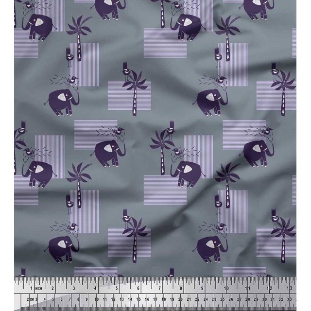 Soimoi Poly Georgette Fabric Bird,Coconut Tree & Elephant Kids Printed Fabric 1 Yard 52 Inch Wide