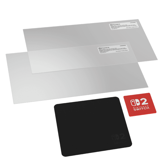 PowerA Protecteur d'Écran pour Nintendo Switch 2 - Lot de 2 avec Deux Protecteurs d'Écran Transparents Étiquetés avec la Marque PowerA, un Chiffon de Nettoyage en Microfibre Noir et une Carte logo Nintendo Switch 2 Rouge, Conçus pour une installation Facile et Compatibles avec le Système Nintendo Switch 2.