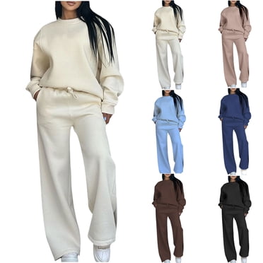 Wiyuqeen Workout Sets for Women Solid Sweatsuits 2 Piece Causal Tracksuits Crewneck Pullover Sweatshirts Open Bottom Sweatpants Pocket