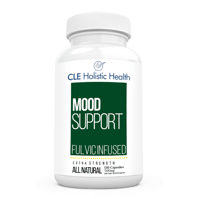 CLE All Natural Mood Effex, a dietary supplement in a 120 vegicaps bottle, designed to reduce depression, anxiety, and stress while promoting emotional balance and mental well-being. The white bottle features the CLE Holistic Health logo and a green label with 'Mood Support' and 'Fulvic Infused' prominently displayed. Approved by Health Canada, this herbal formula contains plant-based ingredients and fulvic powder for nutrient delivery. Suitable for adults with a recommended dosage of two capsules twice daily.