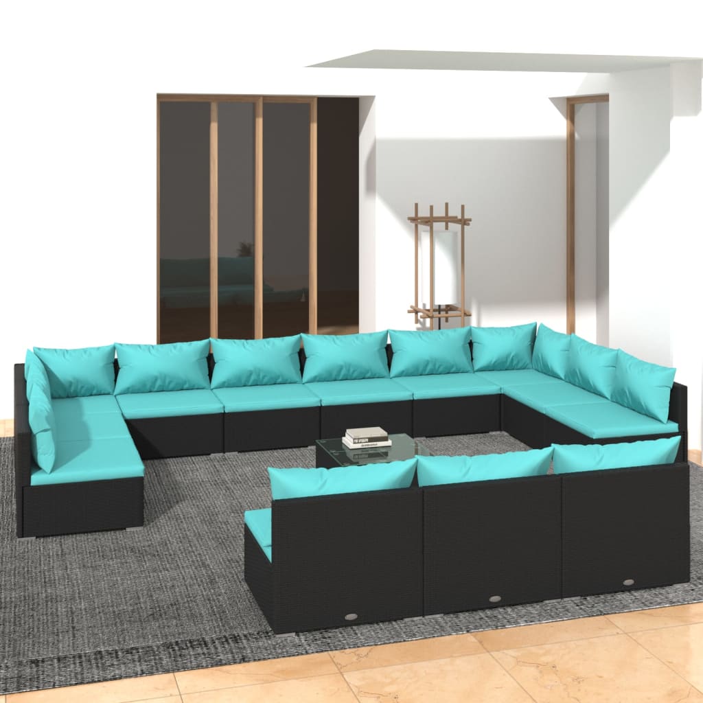vidaXL 14 Piece Garden Lounge Set with Cushions Black Poly Rattan