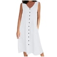 thumbnail image 4 of BiZtdJrK Robe Longue d'Été en Coton et Lin pour Femme, Boutonnée, Fluide, Vacances Plage, Robes Soleil, Couleur Unie, Col Ras du Cou, Maxi avec Poches, Blanc, G, 4 of 8