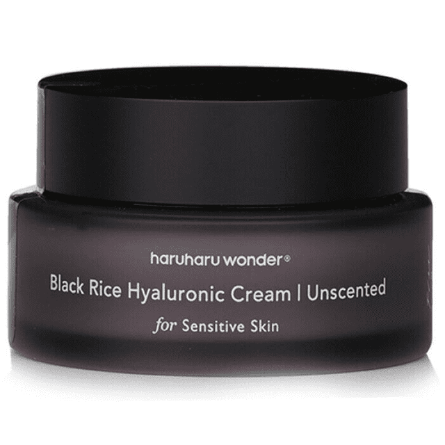 Haruharu Wonder - Crème Hyaluronique 10 au Riz Noir Non Parfumée (50 ml) dans un Pot Noir Élégant avec Texte Blanc Soulignant Son Nom et Convenant aux Peaux Sensibles. Cet Hydratant pour le Visage Présente un design Minimaliste et Est Sans Cruauté, Végane et Sans Parfum.