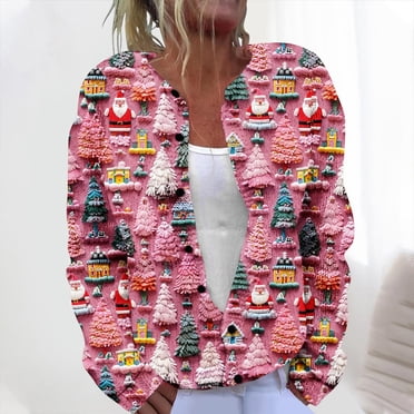 Jsaierl Ugly Christmas Sweater Women 2024 Funny Cute Xmas Printed Cardigans Sweater Open Front Button Down Knitted Coats