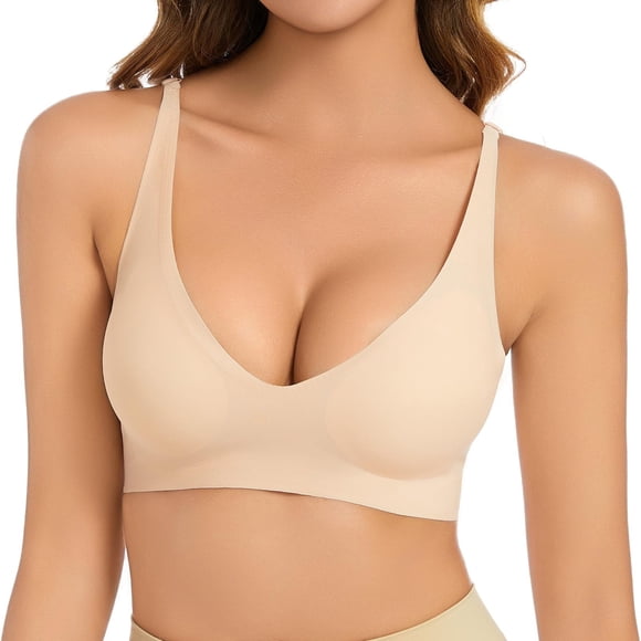 HNMKIU Plus Size Bras for Women Bra Without Underwire V Neck Comfort Soft Bra Push Up Seamless Bra Lightly Padded For A Feel Fit Bralette Women