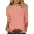 thumbnail image 1 of Yuyuzo Womens 3/4 Sleeve Tops Basic Button Crew Neck Solid Color Loose Fitted Tunics Tee Blouses, 1 of 5
