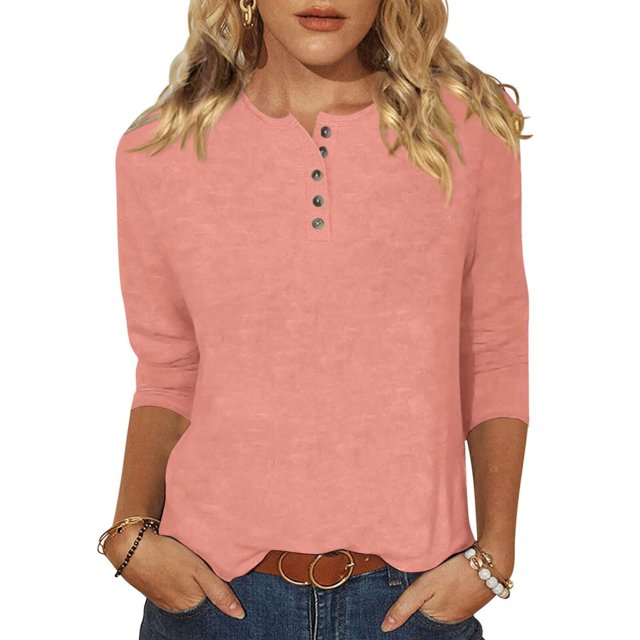 Yuyuzo Womens 3/4 Sleeve Tops Basic Button Crew Neck Solid Color Loose Fitted Tunics Tee Blouses