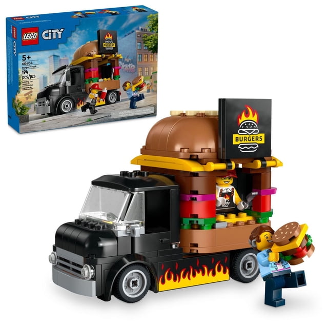 LEGO City Burger Truck Toy Building Set, cadeau amusant pour les enfants d'âge 5 Plus, Burger Van and Kitchen Playset, Minifigure du fournisseur et accessoires, jeu de prestige imaginatif pour garçons et filles, 60404