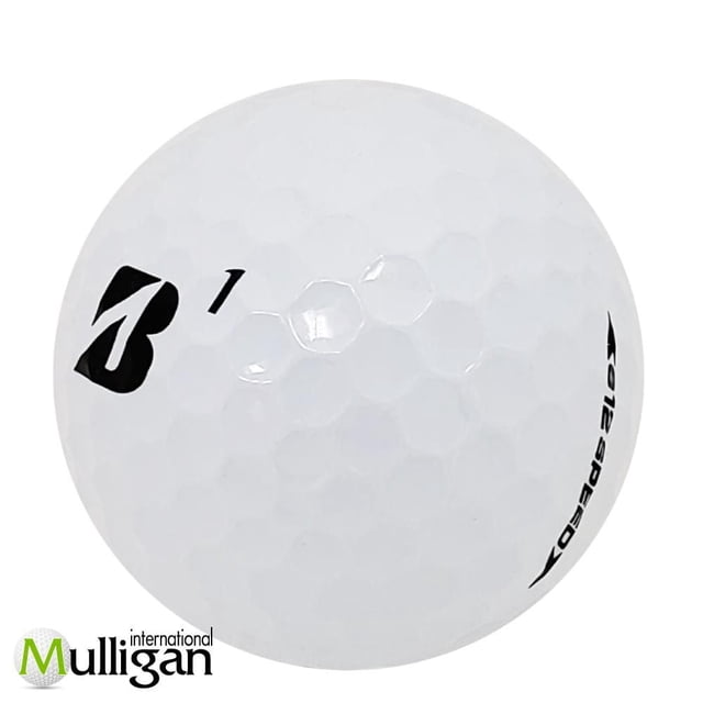 Mulligan - 48 Bridgestone e12 Speed (B) 4A Recycled Used Golf Balls, white dimpled golf ball with black Bridgestone 'B' logo, number 1, and 'e12 speed' text, eco-friendly recycled design suitable for all skill levels and golf practice.