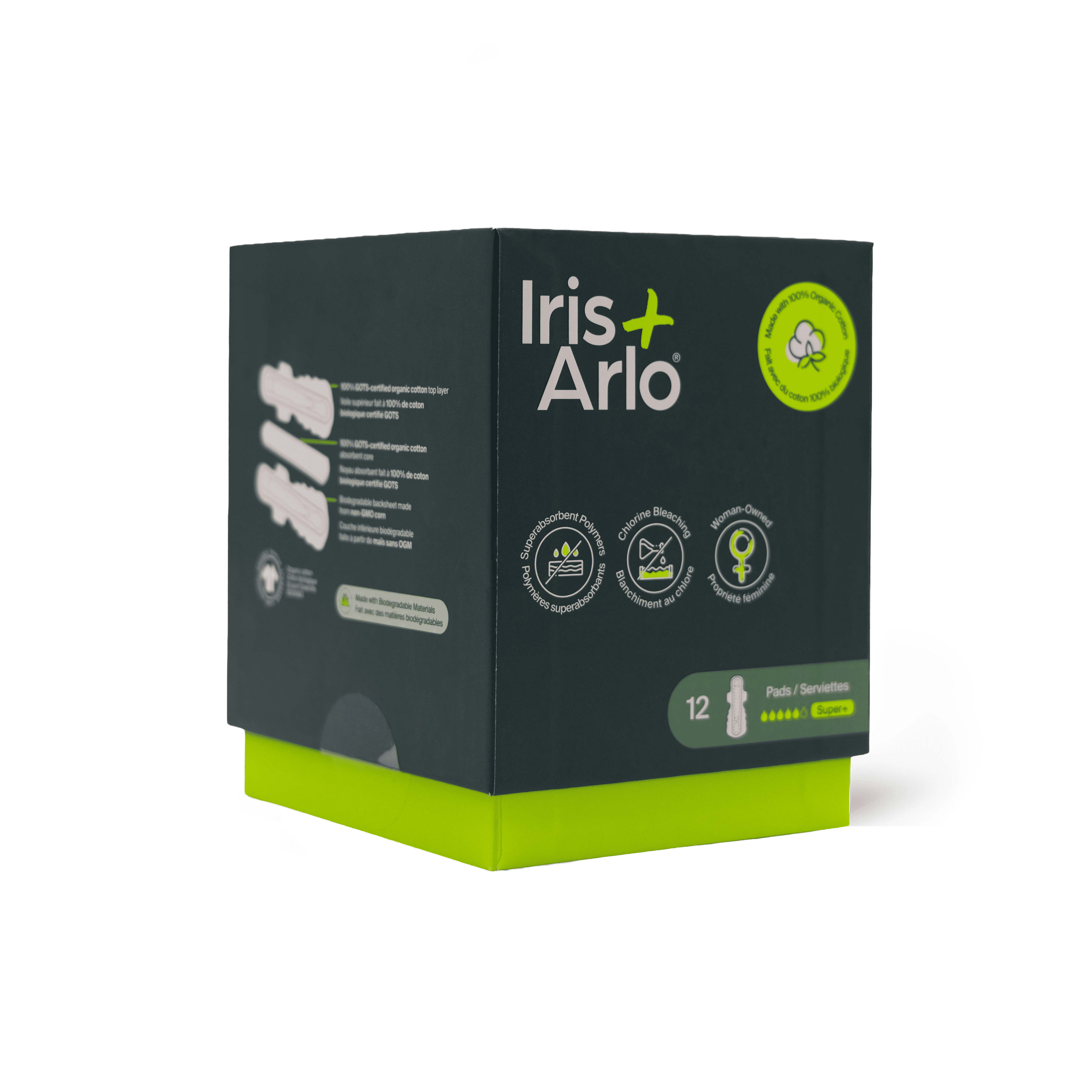 Iris + Arlo Organic Pads with Wings, Super +, 100% Cotton, Chemical-Free, Non-toxic, No plastic (12 Count)