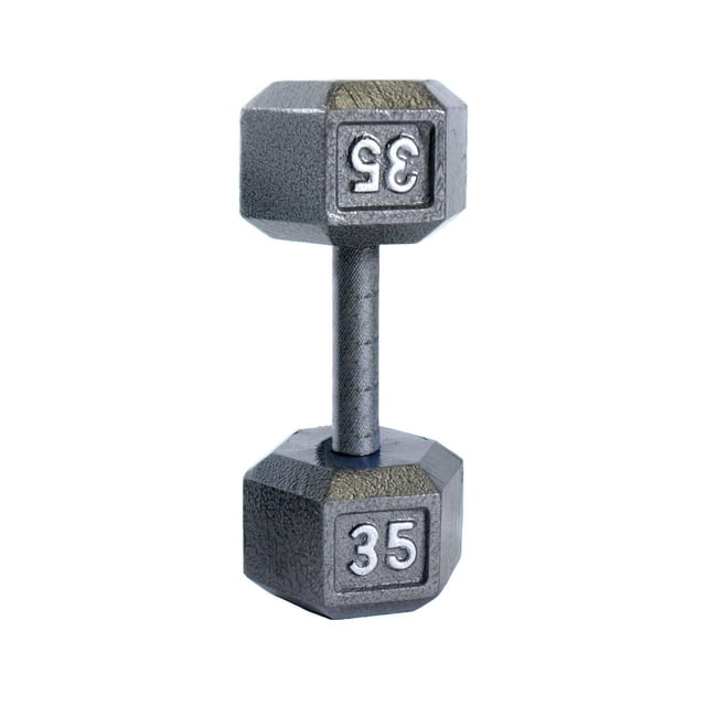 CAP Barbell Cast Iron Hex Dumbbell 35 lb with grey hexagonal cast iron heads and a cold rolled solid steel handle with medium depth knurling for secure grip, designed to prevent rolling and suitable for targeted muscle and full body workouts.