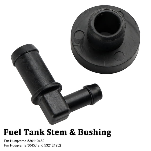 Fuel Tank Stem & Bushing Kit 532139277 532003645 designed to fit Husqvarna models 539110432, 3645J, and 532124952. The kit includes a black fuel tank stem and bushing, shown in a close-up view. Manufactured by MotorGenic, this direct replacement part is brand new and comes with a 180-day warranty.