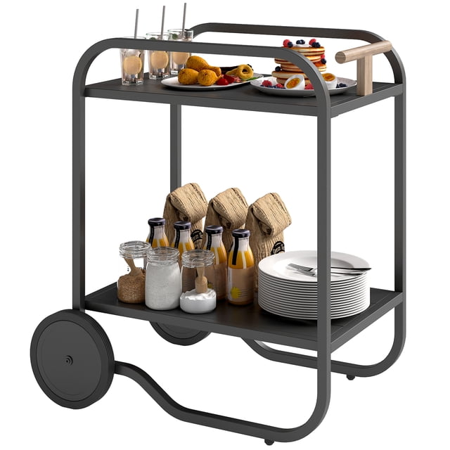 Outsunny Chariot-Gril avec Rangement, Chariot de Bar Roulant à 2 Niveaux sur Roues, Noir. Ce Chariot de Bar à Deux Niveaux Présente un Cadre en Acier Robuste avec une Finition Noire Élégante Revêtue de Poudre. Il Comprend Deux Étagères Spacieuses pour le Service Ou le Rangement, une Poignée en Bois pour des Manœuvres Faciles, et Deux Grandes Roues pour la Mobilité. le Chariot Est Montré Tenant des Assiettes, des Boissons et des Collations, Démontrant Sa Polyvalence pour une Utilisation Intérieure Ou Extérieure. Dimensions : 26,6 Pouces de long, 19,5 Pouces de large et 30,5 Pouces de Haut.