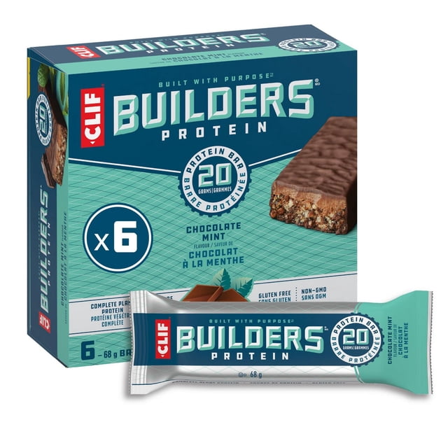 CLIF BUILDERS Protein Bars Chocolate Mint Flavour pack of 6 with 20g plant protein each, gluten-free and non-GMO, featuring a blue-green box and one chocolate-coated bar with textured surface, ideal for muscle recovery and energy replenishment.