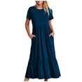 thumbnail image 1 of Penkiiy Robes Maxi pour Femmes 2024 Décontractées d'Été à Manches Courtes, Robe de Plage Ample Plissée à Étages Fluide avec Poches 2TG Bleu Marine, 1 of 5