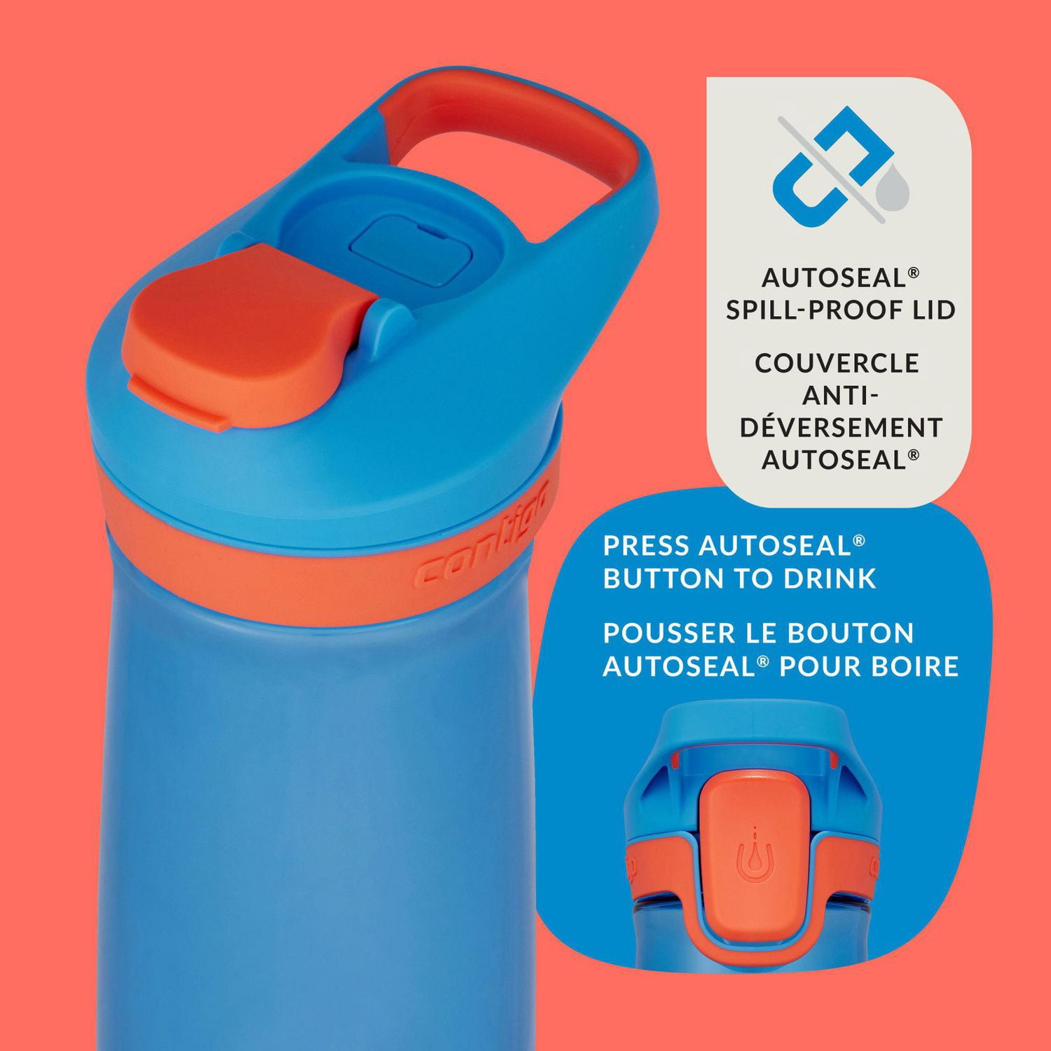 Contigo Kids Casey Water Bottle with Autoseal Lid, Blue Poppy with Coral, BPA-Free