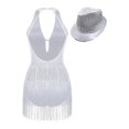thumbnail image 2 of Linjinx Justaucorps de Danse pour Femmes avec Franges et Chapeau à Sequins Blanc TG, 2 of 7