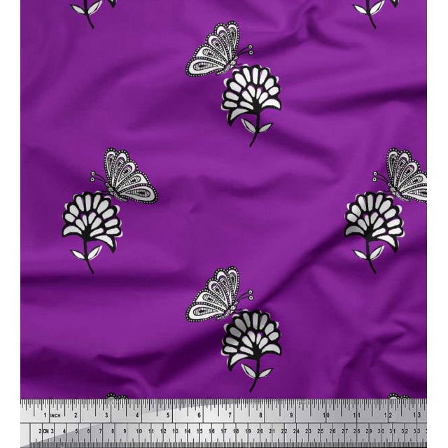 Soimoi Purple Polyester Crepe Fabric Floral & Insect Decor Fabric Printed BTY 52 Inch Wide