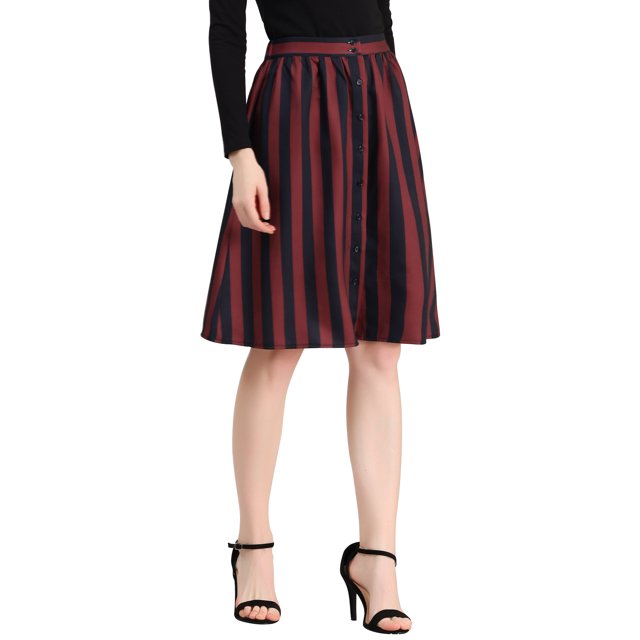 Unique Bargains Jupe Midi Évasée à Rayures pour Femme, Boutonnée devant, Dos Élastique