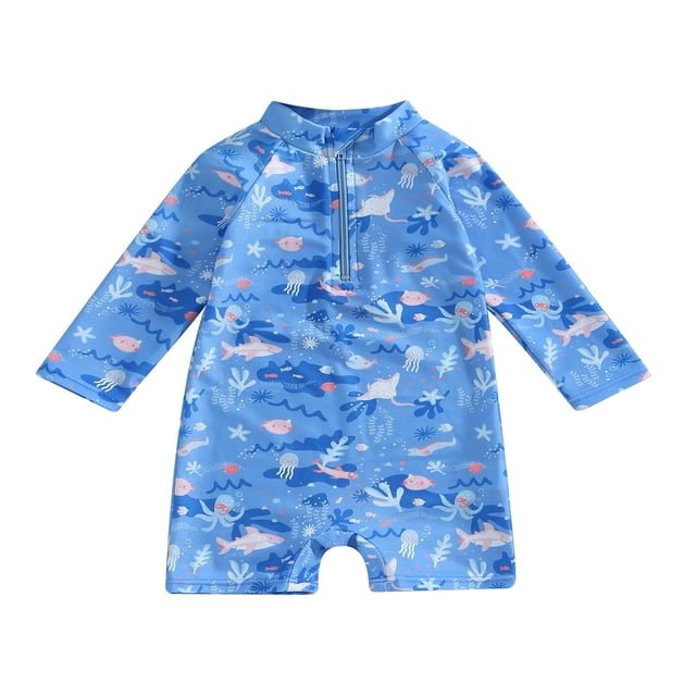 Toddler Baby Boys One-Piece Swimsuit Print Long/Short Sleeve Zipper Rashguard Swimwear + Swimming Cap