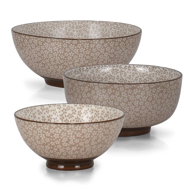 Camille Ensemble de Bols de 3 Tailles 20 cm, 15 cm et 10 cm, Comprenant des Bols en Porcelaine Durables avec une Glaçure Réactive Florale Ton Terre Naturelle et des bases sur Pied Brunes, Va au Lave-Vaisselle et au Micro-Ondes, Idéal pour les Repas Quotidiens et la cuisine Créative, Convient Aussi pour Servir des Collations Ou des Plats d'Accompagnement.