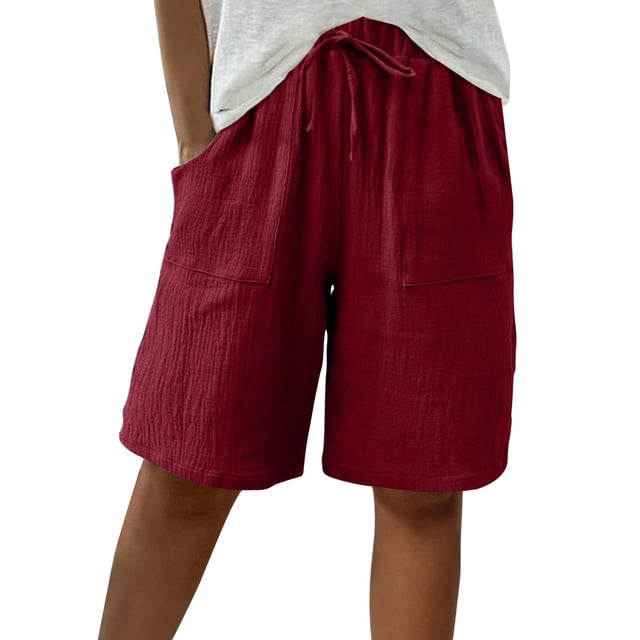 Swstbby Liquidation d'Économies d'Été 2025! Shorts d'Été pour Femmes Grande Taille, Shorts de Couleur Unie pour Femmes Shorts Décontractés Capris Rouge P