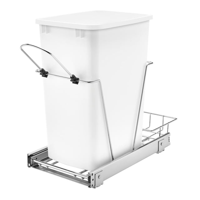 Rev-A-Shelf RV-12KD-11C S Single 35 Quart Pull Out Kitchen Waste Container featuring a white 35-quart bin mounted on a sturdy metal frame with ball-bearing slides. Includes a removable handle and a small rear basket for extra storage. Designed for full-height cabinets with a minimum 11-inch opening. Dimensions are 10.46 inches wide, 22 inches deep, and 19.25 inches high.