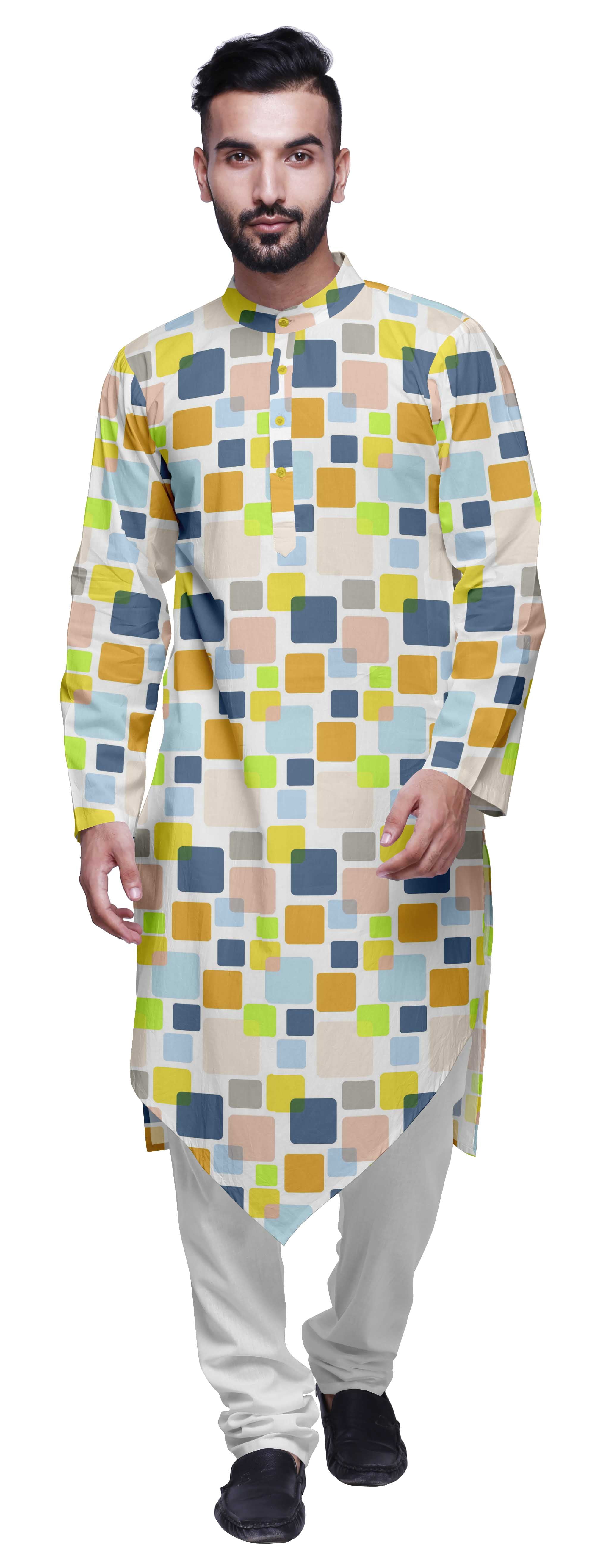 Atasi Indian Mandarin Collar Mens Kurta Printed Button Down Kurtas Ethnic Clothing
